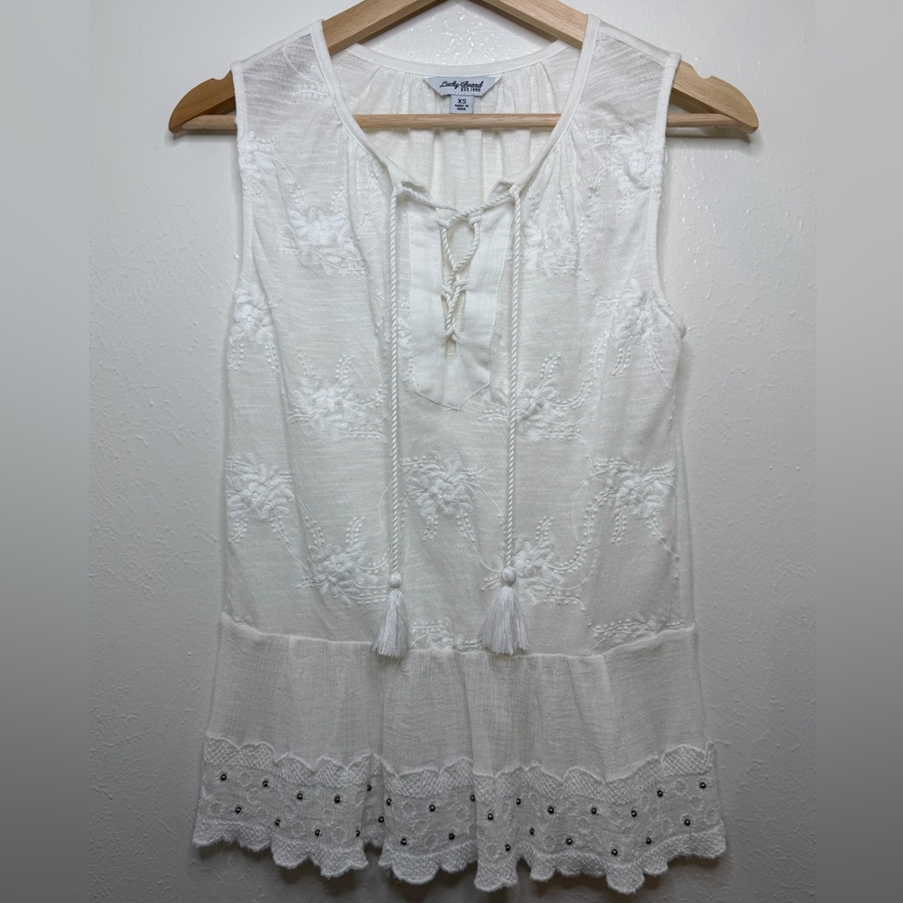 Lucky Brand Embroidered Sleeveless Peplum Top White Size XS